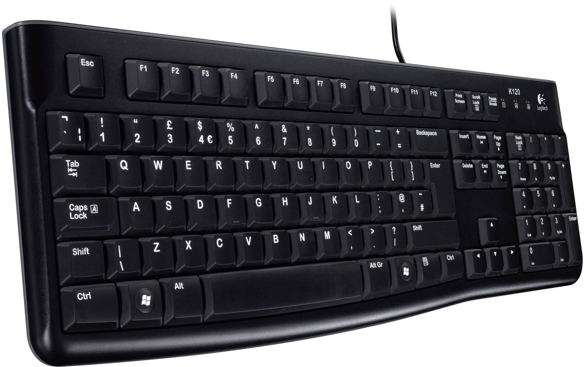 Schwarze, kabelgebundene Computer-Tastatur mit alphanumerischen Tasten, Funktionstasten und numerischem Tastenfeld.
