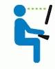 Piktogramm: Eine blaue Figur sitzt ergonomisch korrekt vor einem Bildschirm, mit korrektem Blickwinkel und Handposition auf Tastatur.