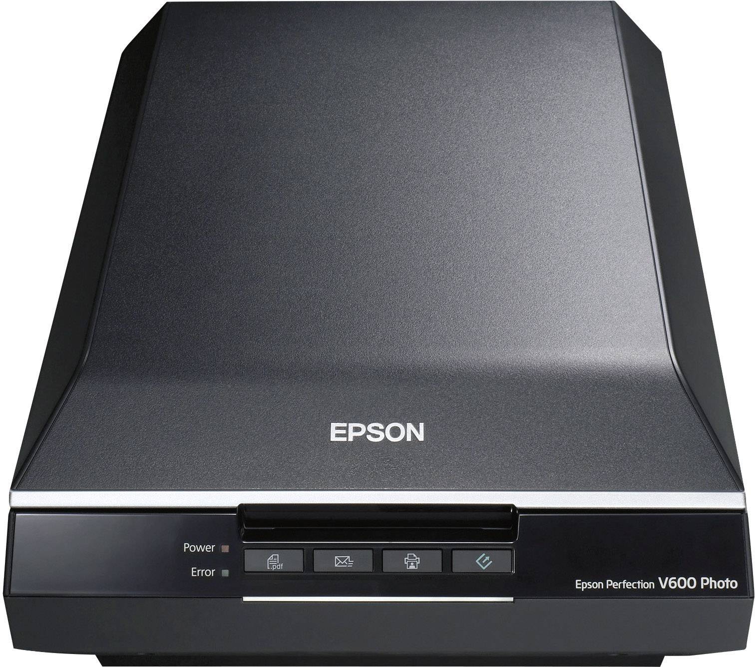 Ein Epson Perfection V600 Photo-Scanner, schwarz, mit Bedienfeld vorne. Geeignet zum Scannen von Fotos und Dokumenten.