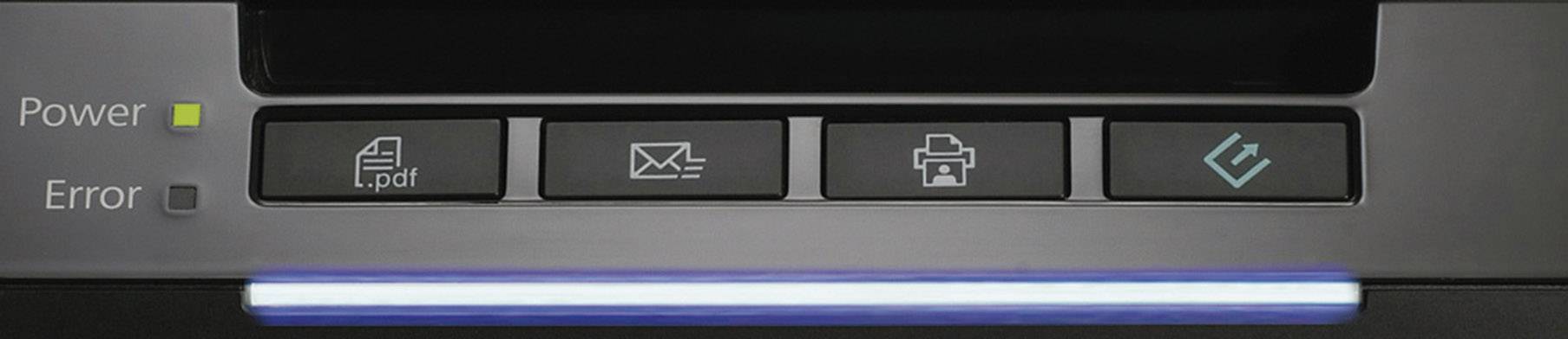 Tastenfeld eines Druckers mit Symbolen für 'PDF', 'E-Mail', 'Kopieren', und 'Beenden'. Links sind 'Power'- und 'Error'-Leuchten sichtbar.