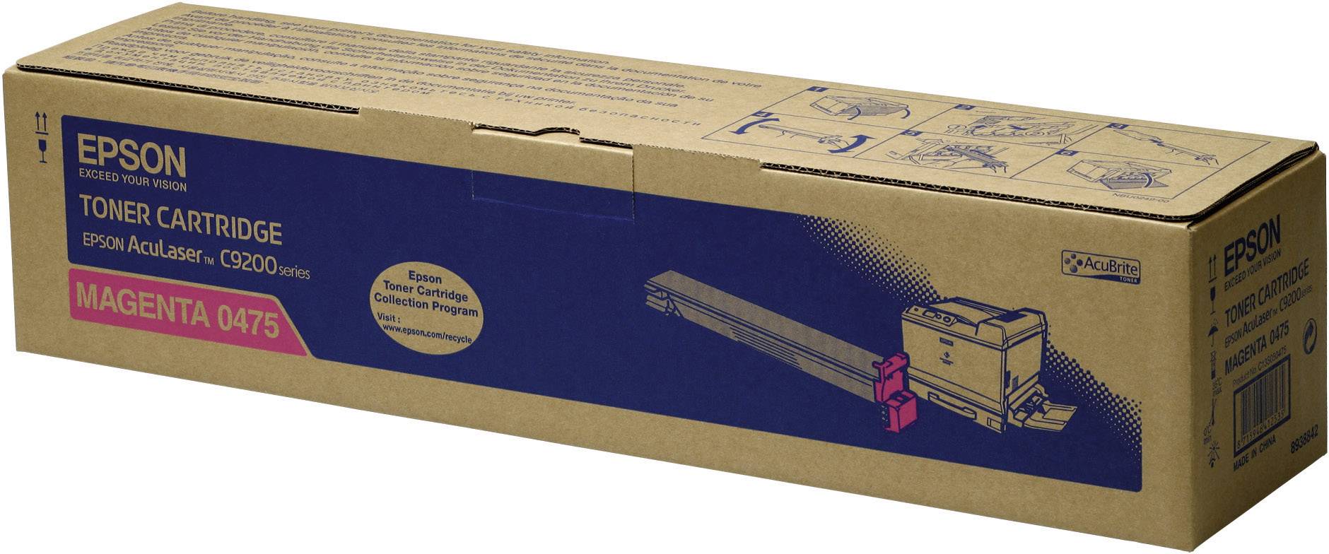 Pappkarton für Epson Druckertoner 'Magenta 0475', passend für Epson Aculaser C9200-Serie, mit Abbildungen der Installation.