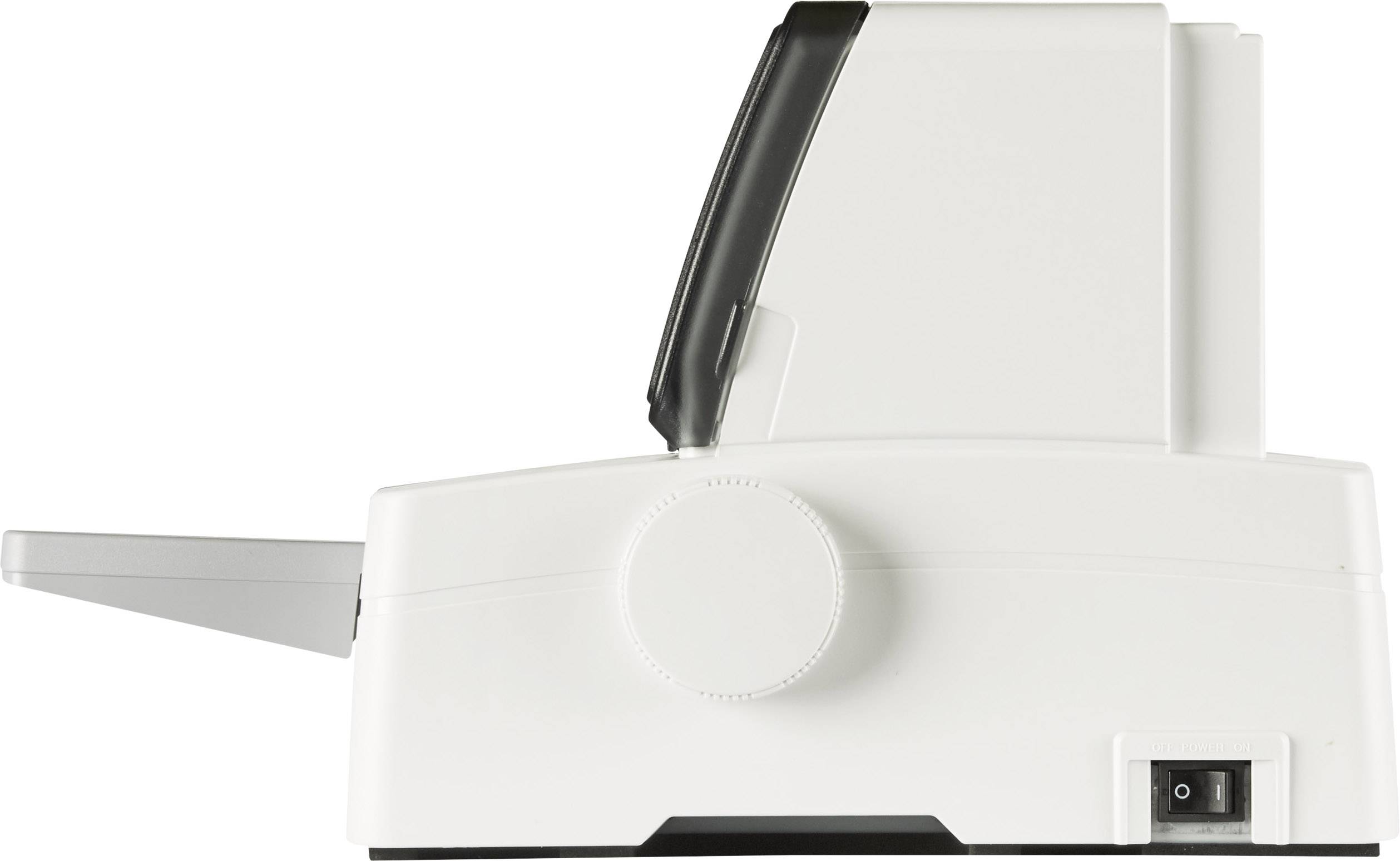 Einseitige Ansicht eines weißen, kompakten Druckers oder Scanners mit offenem Papierfach und Schalter an der Rückseite.