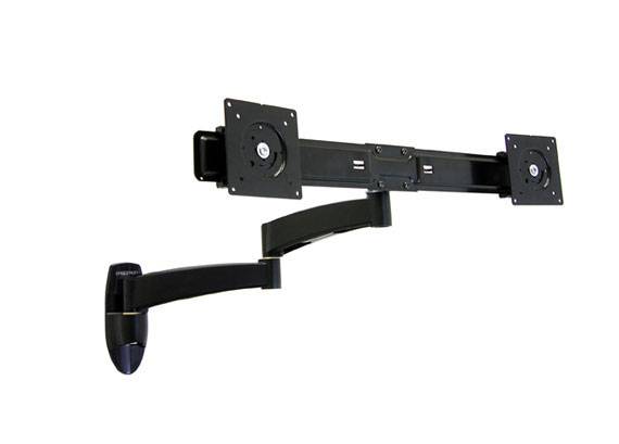 Ein schwarzer Monitorhalter mit zwei Befestigungspunkten und einem ausziehbaren Arm, geeignet für die Wandmontage von Bildschirmen.