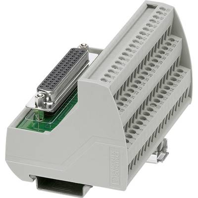 Ein grauer, mehrstöckiger elektrischer Anschlussblock mit mehreren Verbindungsstellen, darunter ein elektronisches Modul.