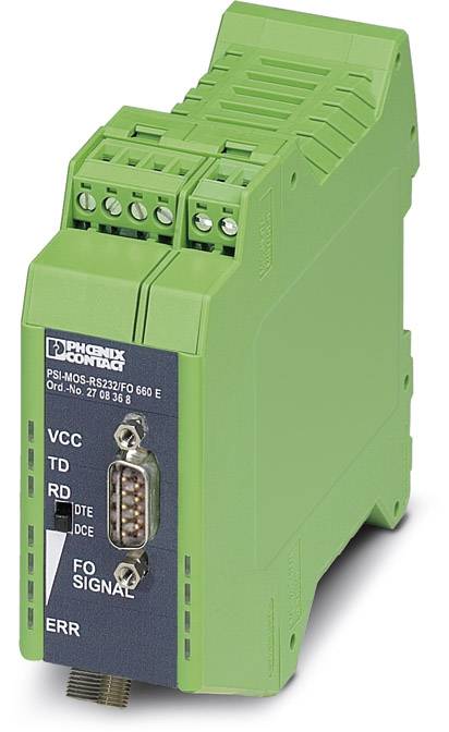 Grünes elektronisches Gerät von Phoenix Contact mit Schnittstellenanschlüssen und LEDs, Modellbeschriftung 'PSI-MOS-RS232/FO'.