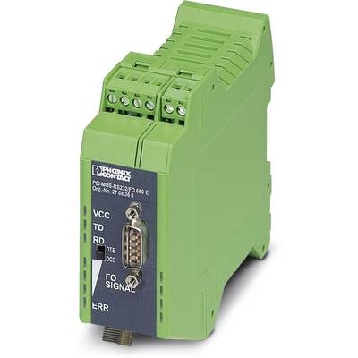 Grünes elektronisches Gerät von Phoenix Contact mit Schnittstellenanschlüssen und LEDs, Modellbeschriftung 'PSI-MOS-RS232/FO'.