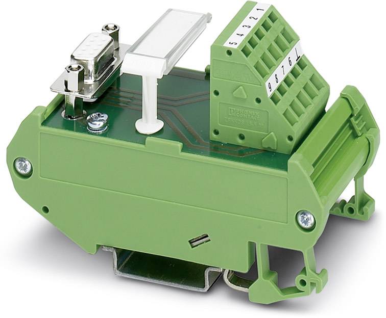 Grünes elektrisches Anschlussmodul mit mehreren Klemmen und einem Steckverbinder. Dient zur Verbindung elektrischer Komponenten.