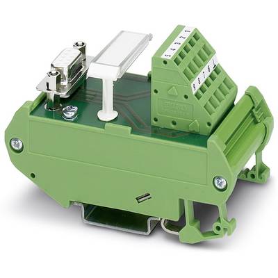 Grünes elektrisches Anschlussmodul mit mehreren Klemmen und einem Steckverbinder. Dient zur Verbindung elektrischer Komponenten.