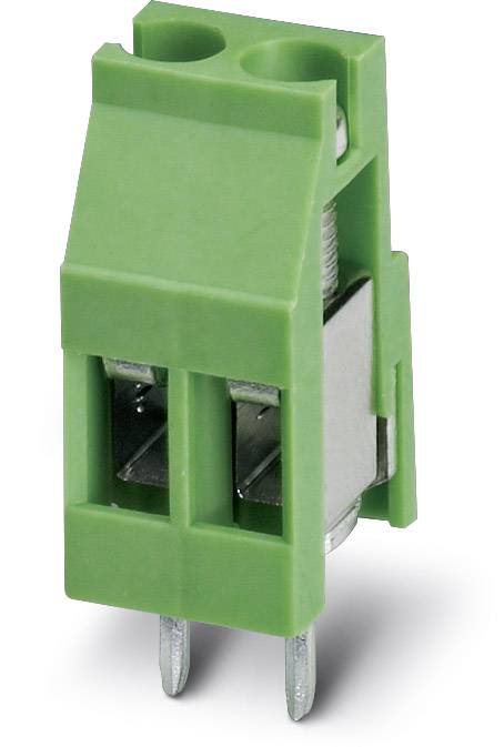 Grüner zweipoliger Steckverbinder mit Metallkontakten, vertikale Lötkontakte, geeignet für elektronische Schaltungen.