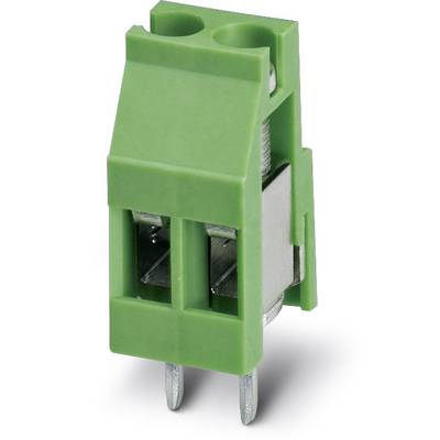Grüner zweipoliger Steckverbinder mit Metallkontakten, vertikale Lötkontakte, geeignet für elektronische Schaltungen.