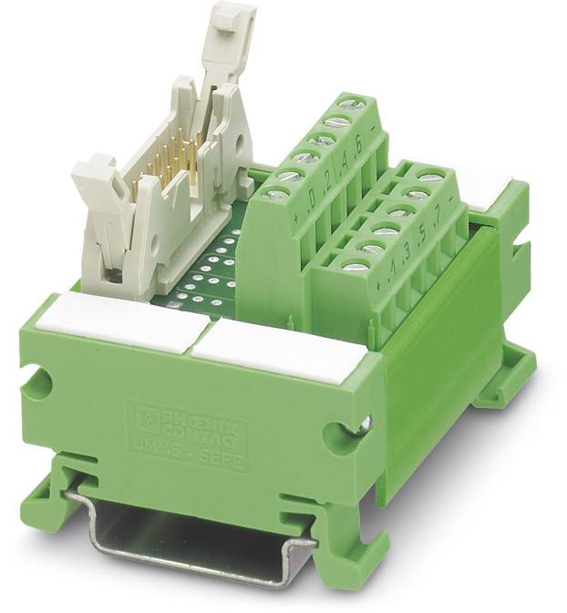 Grüner Anschlussblock mit mehreren Klemmen und einem offenen Steckstecker. Einsatz in elektrischen Schaltungen zum Verbinden von Kabeln.