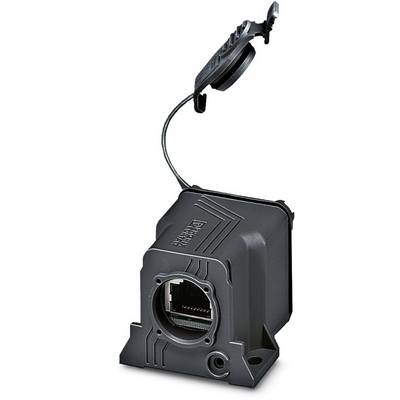 Ein schwarzer Steckverbinder mit Ethernet-Anschluss und abnehmbarer Schutzkappe, geeignet für industrielle Anwendungen.