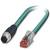 Ein industrielles Kabel mit einem runden schwarzen und einem roten Ethernet-Stecker, geeignet für robuste Netzwerkanwendungen.