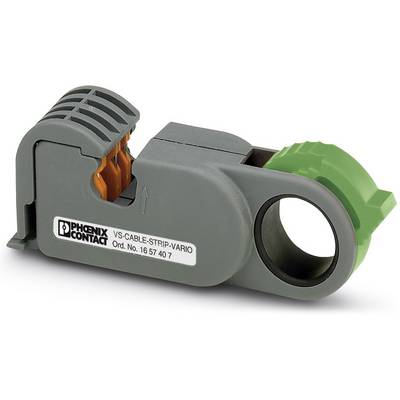 Ein Kabelabstreifer von Phoenix Contact mit der Bezeichnung 'VS-CABLE-STRIP-VARIO', graues Gehäuse, grüner Drehgriff.