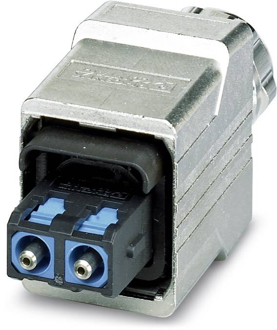Nahaufnahme eines rechteckigen Steckverbinders mit metallischem Gehäuse und zwei blauen Steckplätzen.