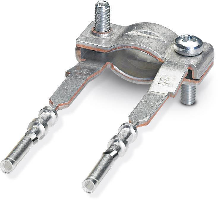 Ein metallener Rohrhalter mit Schraubanschluss für die Befestigung von Rohren an Wänden oder Decken.