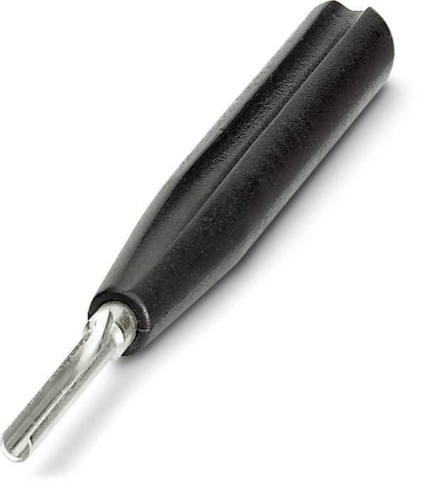 Schwarzer Plastikgriff eines Werkzeugs, vermutlich ein Bohrer oder Schraubenzieher. Silberne Metallspitze sichtbar.