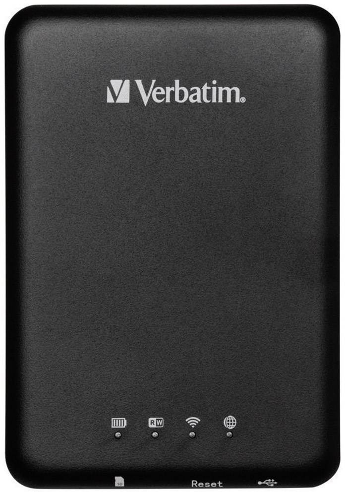 Schwarzer Verbatim WLAN-Router mit vier Symbol-LEDs: SIM, WLAN, und Netzwerkverbundenheit auf der Vorderseite.