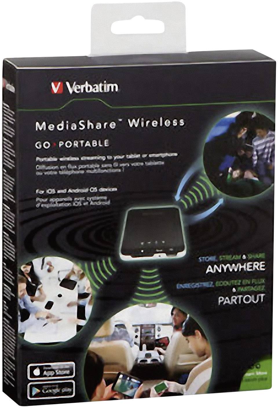 Verpackung der 'Verbatim MediaShare Wireless Go Portable', zeigt Abbildungen zur Nutzung mit mobilen Geräten und Kompatibilitätshinweise.