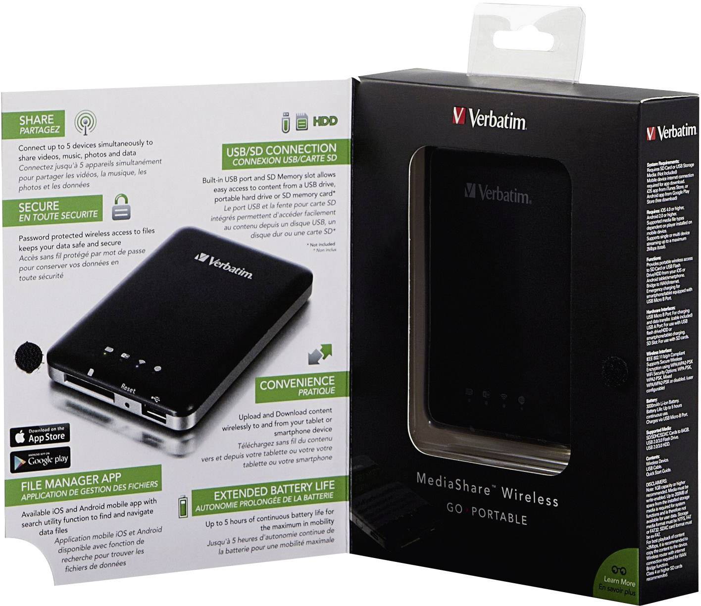 Verbatim MediaShare Wireless: Tragbares Gerät mit USB/SD-Verbindung; enthält Akku-Info und Datei-Manager-App. Verpackung zeigt Details.