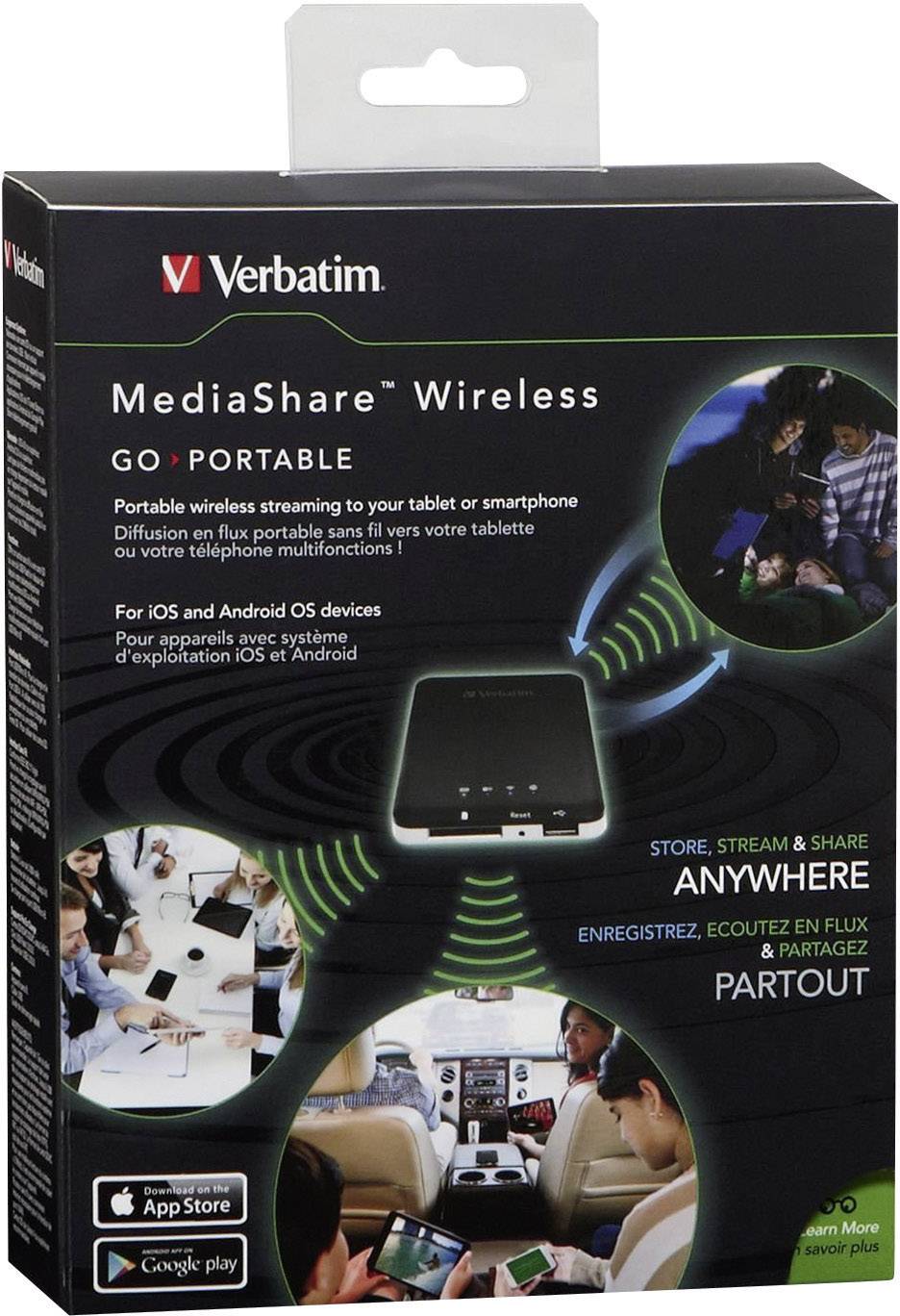 'MediaShare Wireless' Verpackung von Verbatim, zeigt ein tragbares Gerät für das Streaming und Teilen von Medien mit Tablets und Smartphones.