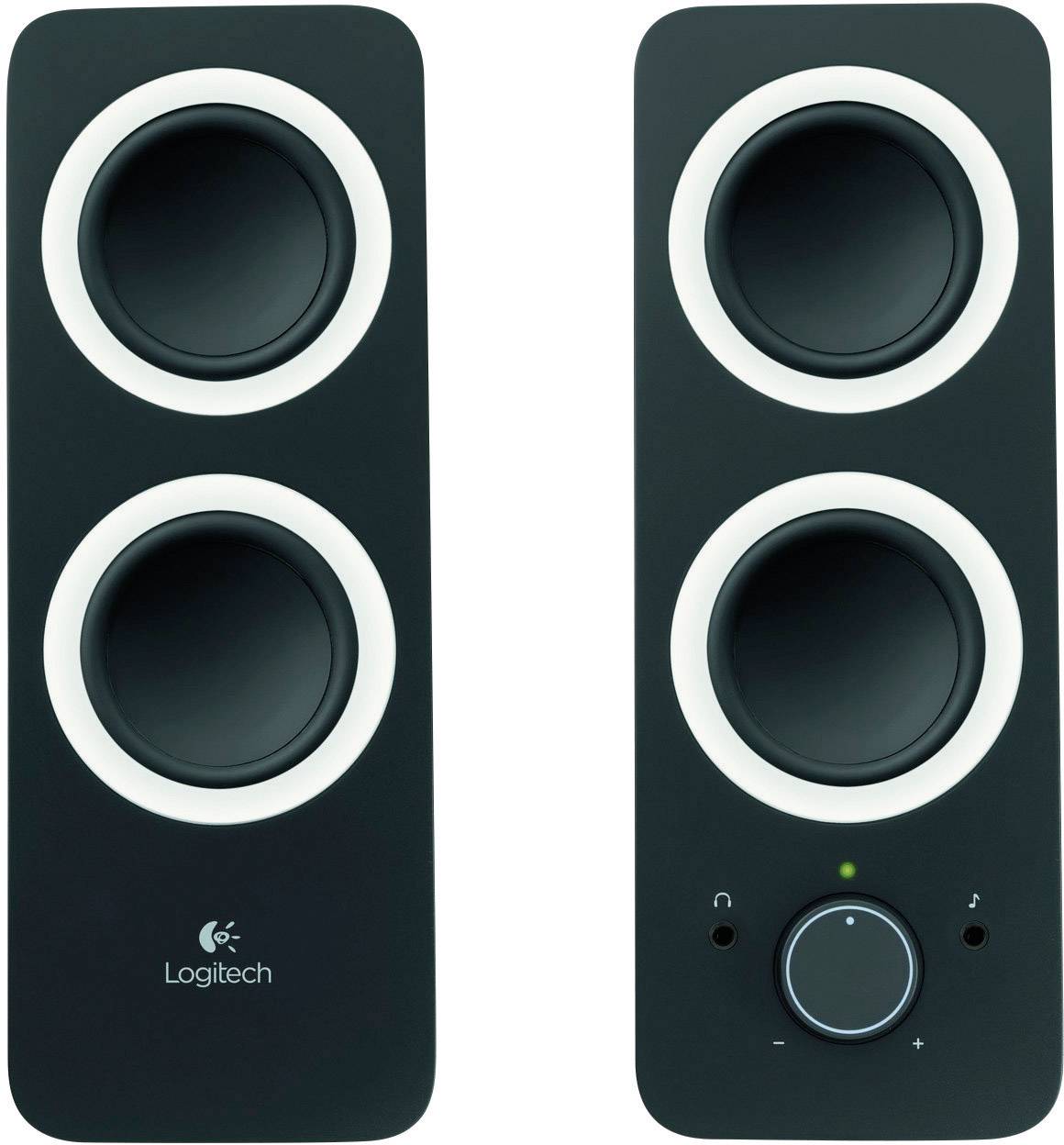 Zwei schwarze Logitech-Lautsprecher mit weißem Rand. Rechts befindet sich ein Lautstärkeregler mit Leuchtenanzeige.
