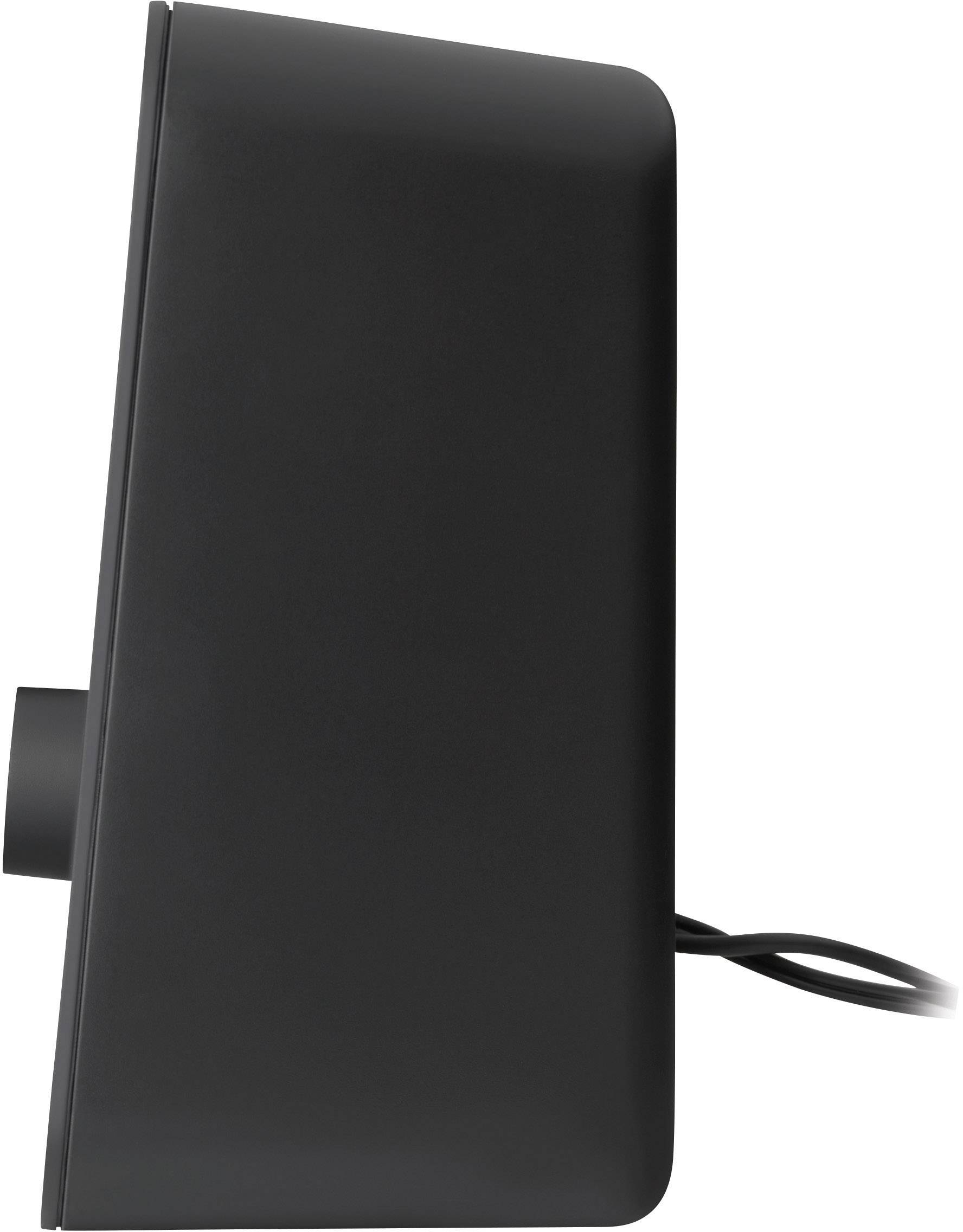 Schwarze Lautsprecherbox, seitliche Ansicht, mit einem Kabel hinten herausragend.
