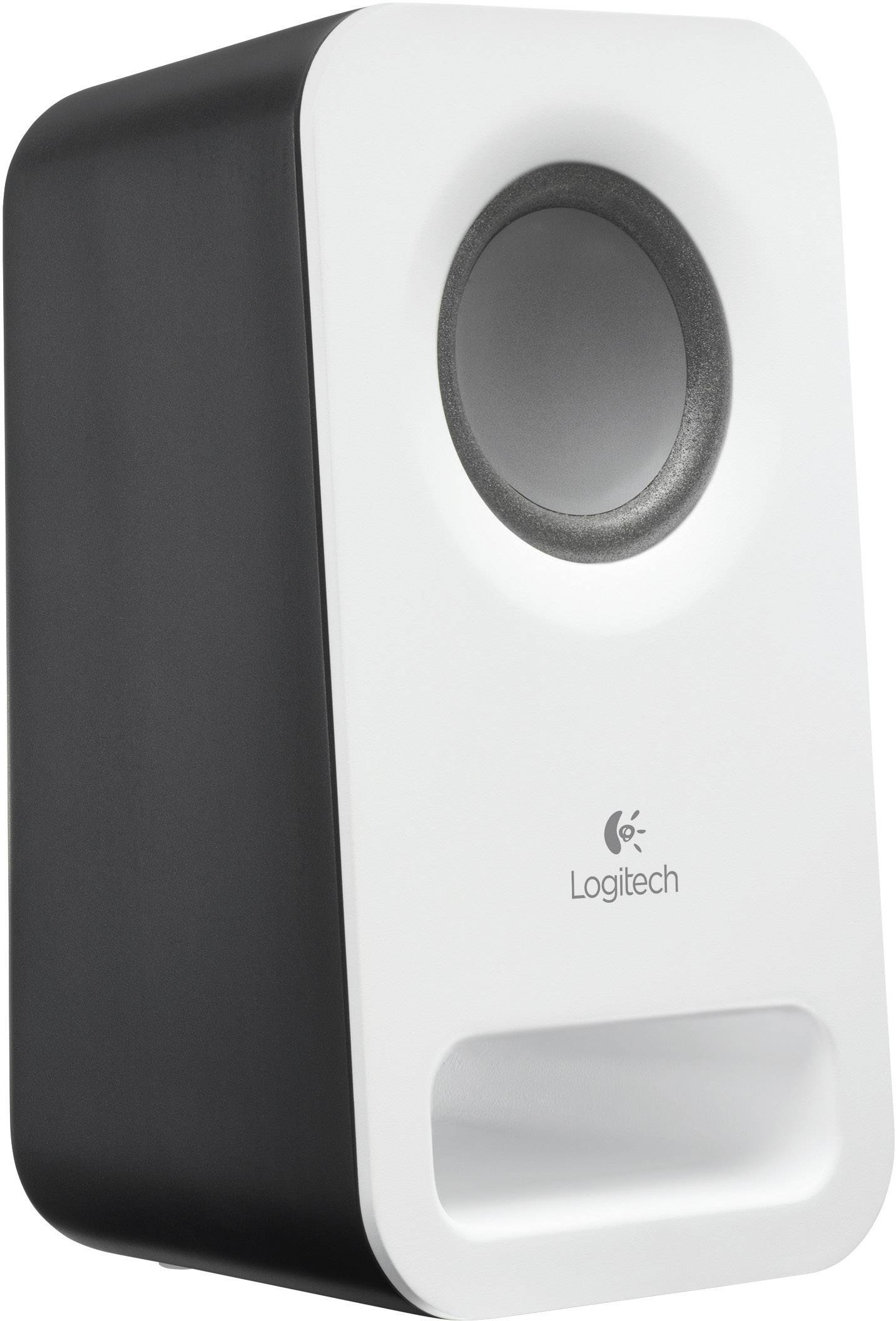 Ein weißer und schwarzer Lautsprecher von Logitech mit einem runden Lautsprechergitter oben und einem rechteckigen Bassreflex unten.