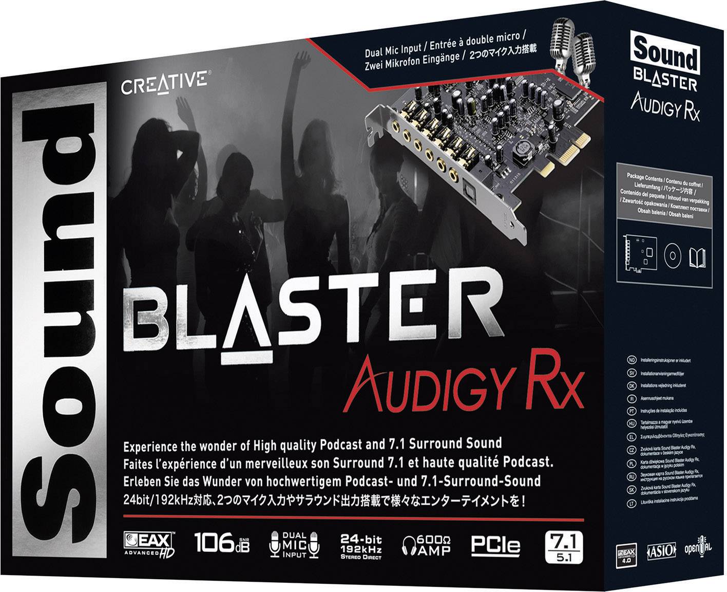 'Creative Sound Blaster Audigy Rx' Verpackung, Dual-Mikrofonsignal, 7.1 Surround Sound, EAX HD, PCIe, geeignet für Podcast-Aufnahmen.