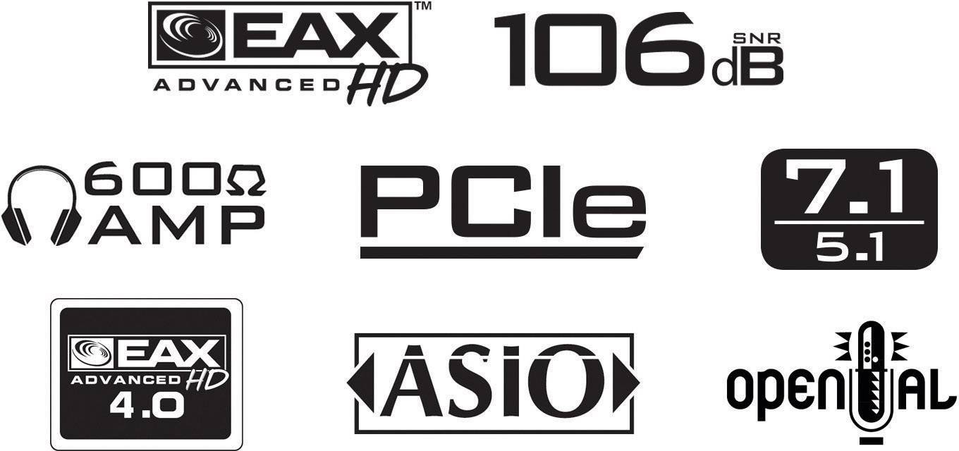 'Icons und Text präsentieren Audio- und Schnittstellenmerkmale, darunter EAX HD, PCIe, ASIO, und OpenAL. Zahlen und Symbole für technische Spezifikationen.'