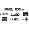 'Icons und Text präsentieren Audio- und Schnittstellenmerkmale, darunter EAX HD, PCIe, ASIO, und OpenAL. Zahlen und Symbole für technische Spezifikationen.'