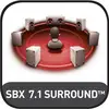 SBX 7.1 Surround-Logo: Eine Person in der Mitte, umgeben von Lautsprechern, die Surround-Sound darstellen.