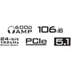 Die Abbildung zeigt Spezifikationen einer Audiokarte: '600Ω AMP', '106dB SNR', '24-bit 192kHz Stereo Direct', 'PCIe', '5.1'.