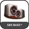 Zwei Lautsprecher unterschiedlicher Größe, die das 'SBX BASS™'-Logo auf einem dunklen Hintergrund darstellen.