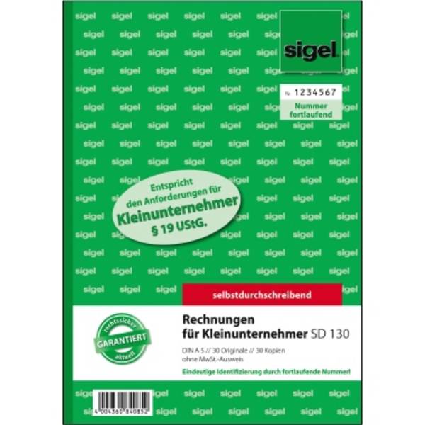 Rechnung A5 hoch SD ohne MwSt. Ausweis 2x30 Blatt
