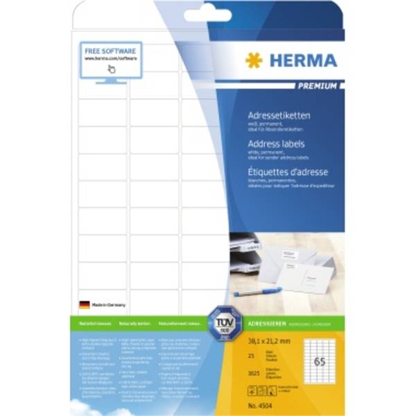 HERMA Adressetiketten Premium 4504 DIN A4 38,1x21,2mm ws 1625 St./Pack