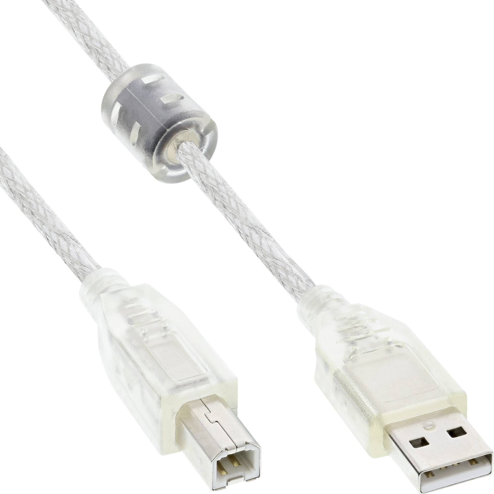 InLine® USB 2.0 Kabel, A an B, transparent, mit Ferritkern, 0,3m-0