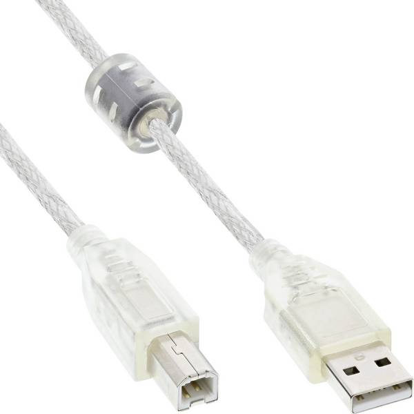 InLine® USB 2.0 Kabel, A an B, transparent, mit Ferritkern, 0,3m