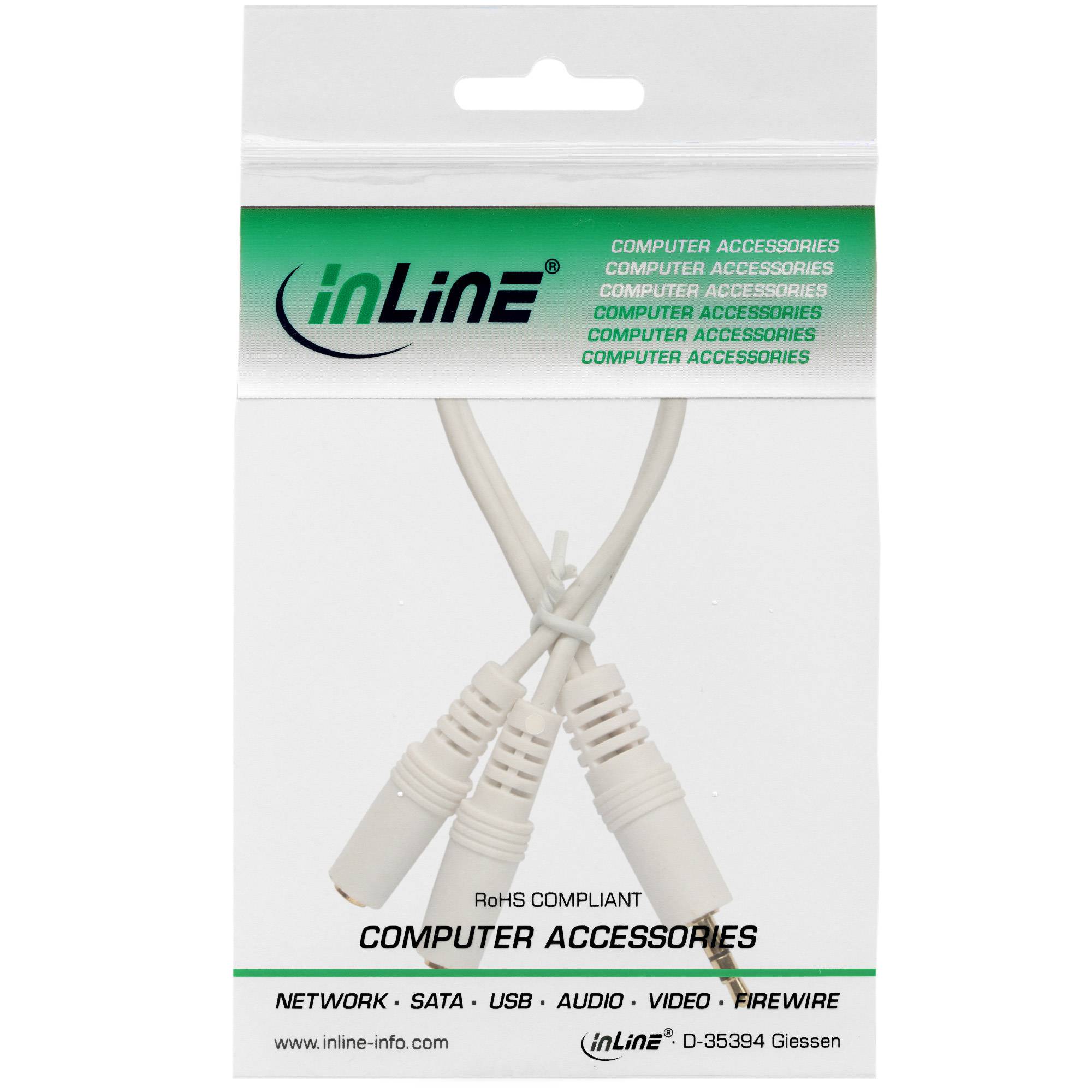 InLine® Klinken Y-Kabel, 3,5mm ST an 2x 3,5mm BU, Stereo, weiß/vergoldet, 0,1m-1