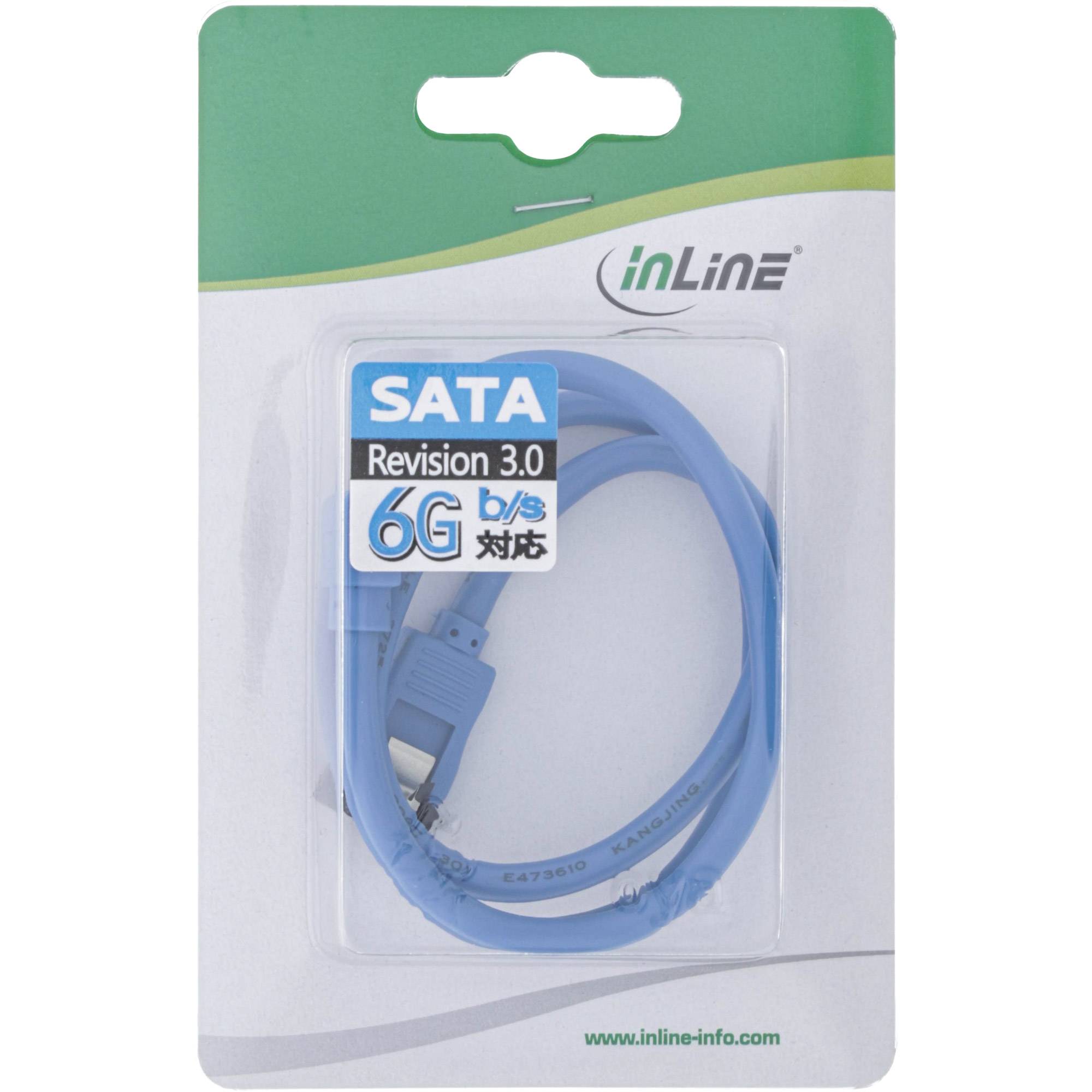 InLine® SATA 6Gb/s Anschlusskabel rund, abgewinkelt, blau, mit Lasche, 0,15m-1