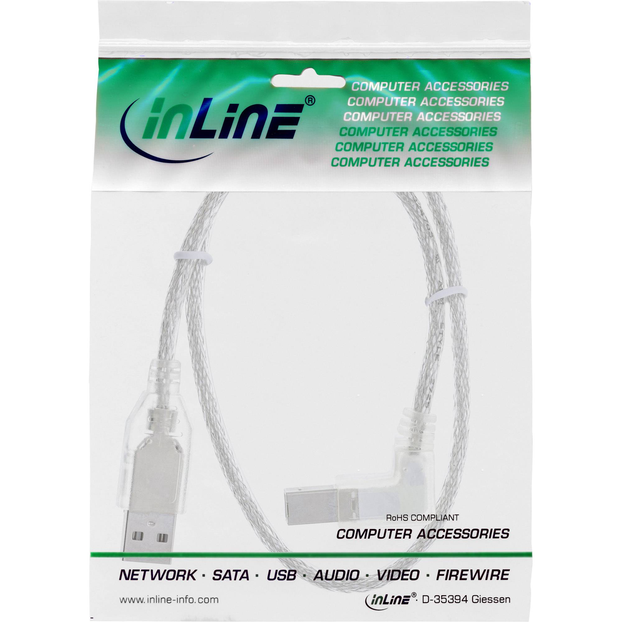 InLine® USB 2.0 Kabel, A an B, rechts abgewinkelt, transparent, 0,3m-1