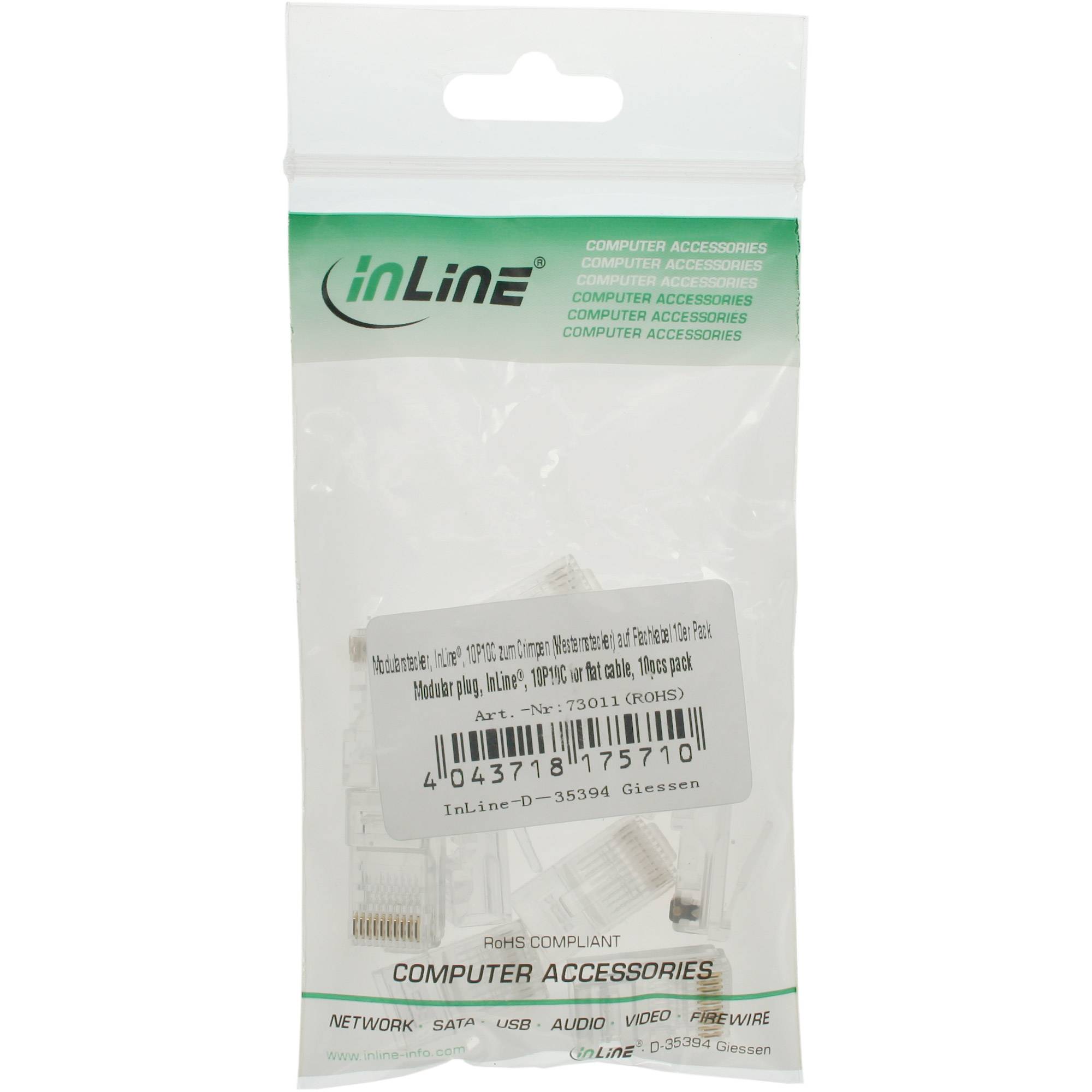 InLine® Modularstecker, 10P10C zum Crimpen (Westernstecker) auf Flachkabel, 10er-1