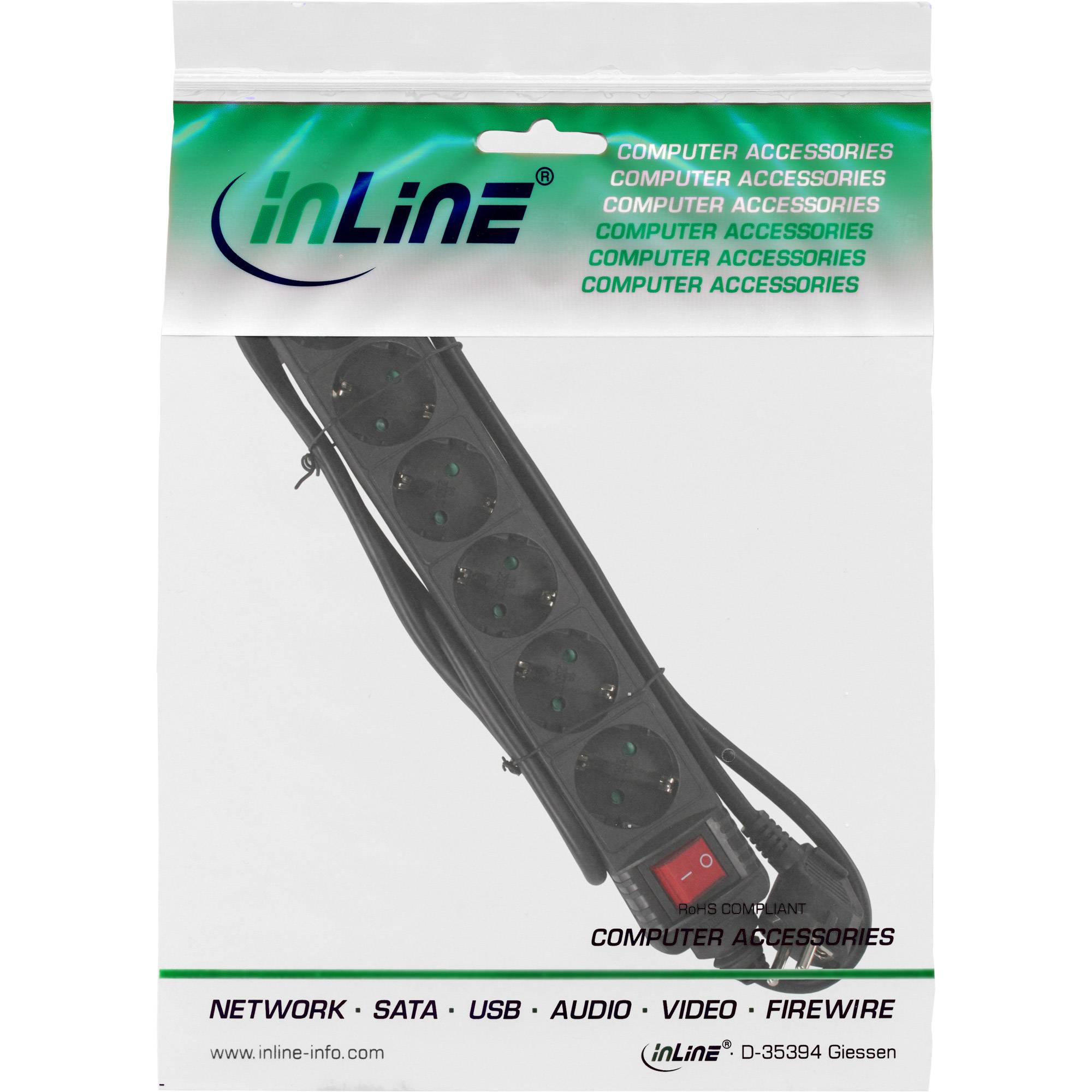 InLine® Steckdosenleiste, 6-fach Schutzkontakt, mit Schalter, schwarz, 5m-1