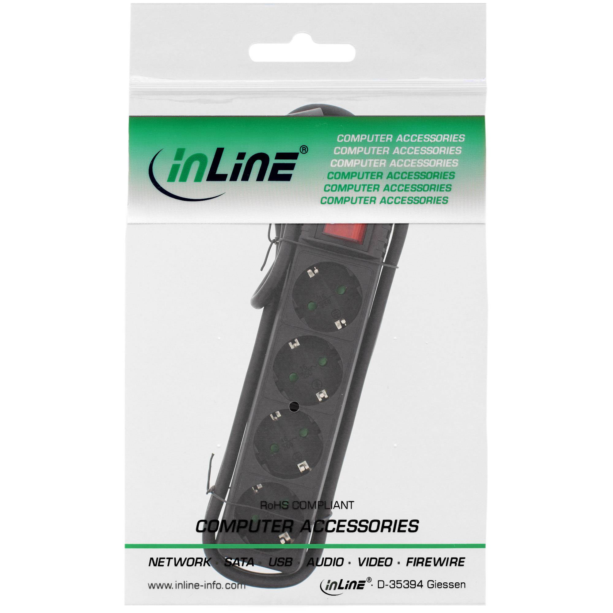 InLine® Steckdosenleiste, 4-fach Schutzkontakt, mit Schalter, schwarz, 3m-1