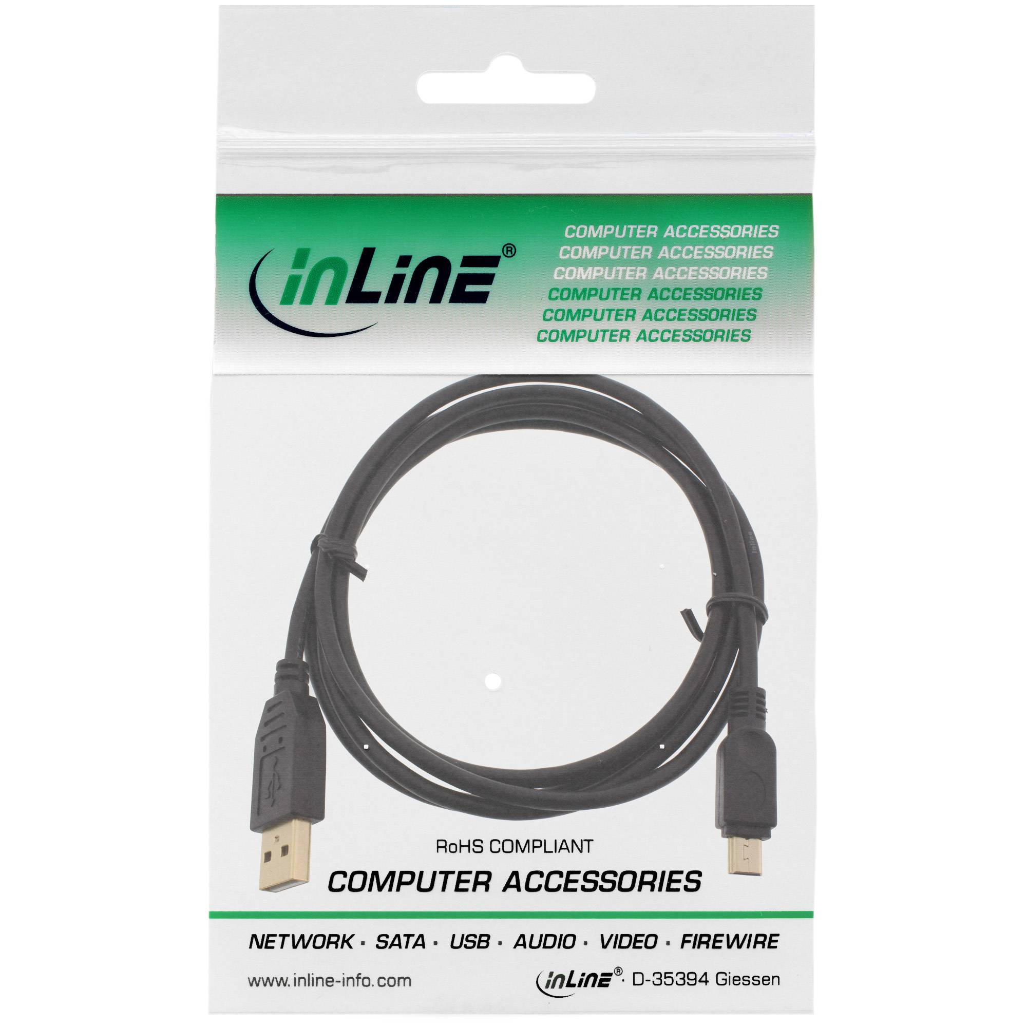 InLine® USB 2.0 Mini-Kabel, USB A ST/Mini ST 5pol, schwarz, vergold. Kont., 3m-1