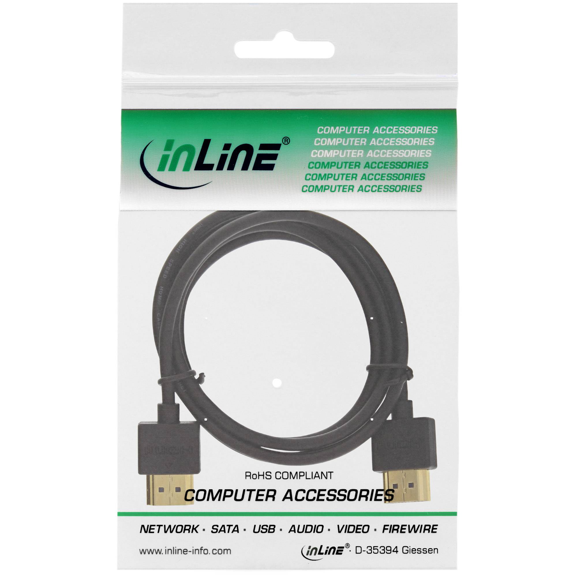 InLine® HDMI Superslim Kabel A an A, HS mit Eth., Premium, schwarz / gold, 0,5m-1