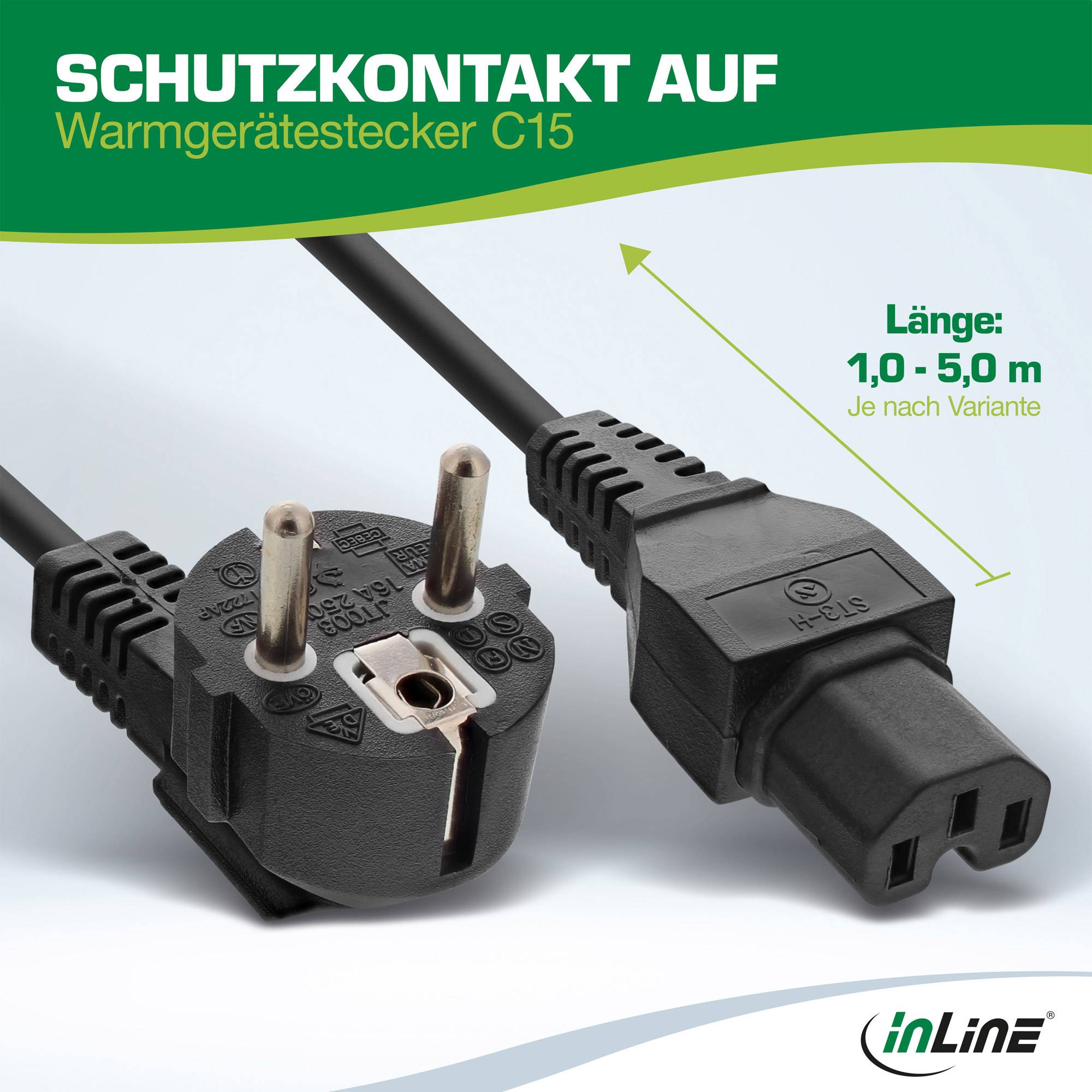 InLine® Netzkabel, Schutzkon. gew. auf Warmgerätest. C15 gerade, schwarz, 1,8m-2