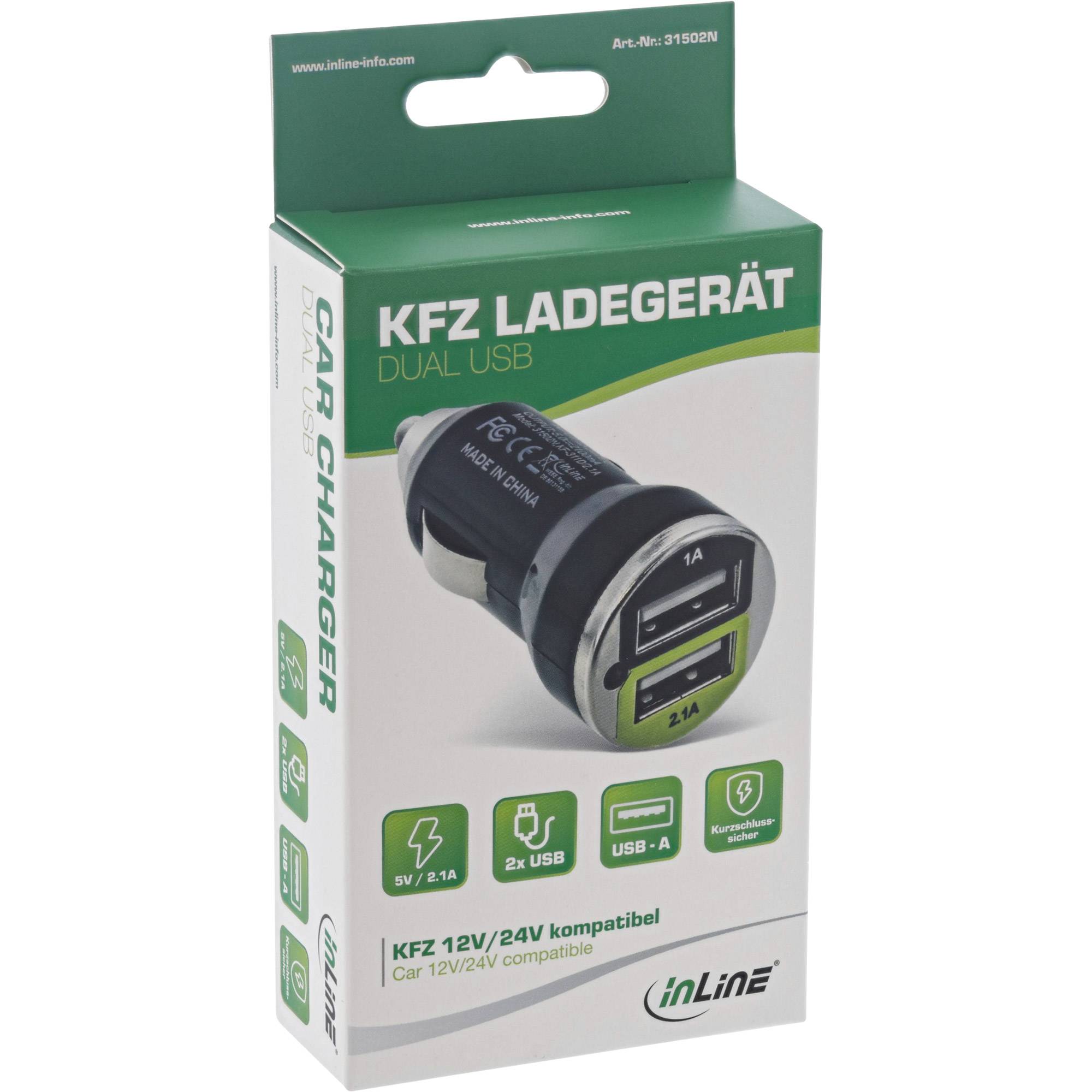INLINE - USB KFZ Ladegerät Stromadapter - 12/24VDC zu 5V DC/2.1A - Mini-1