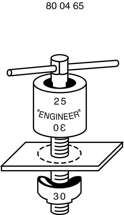 Illustration eines Presswerkzeugs mit der Aufschrift 'ENGINEER' zum Stanzen von Löchern in Werkstücke. Oben ein Handhebel, unten eine Schraubzwinge.