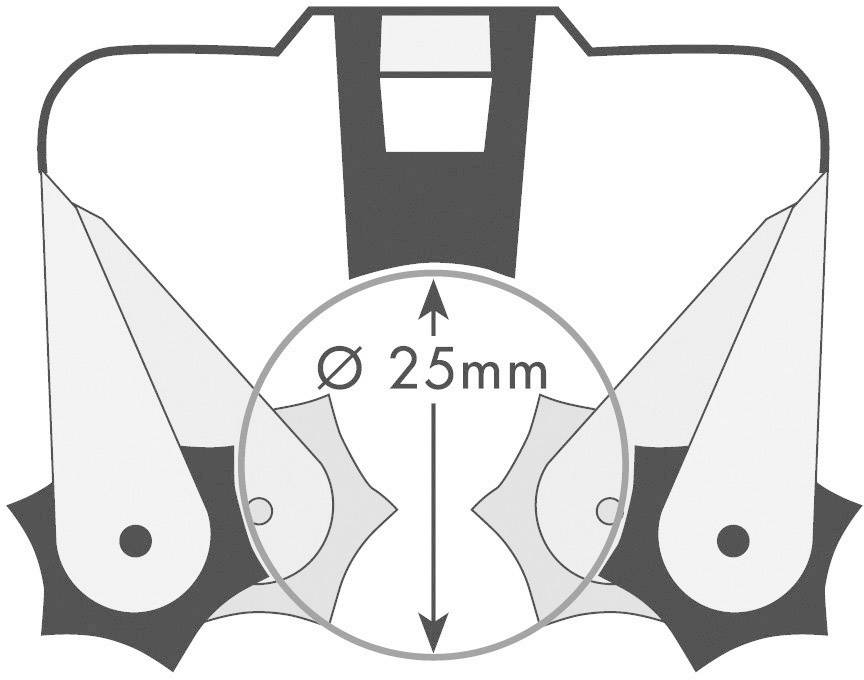 Illustration eines mechanischen Geräts mit zwei symmetrischen, spitz zulaufenden Armen. Ein Kreis zeigt 'Ø 25mm'.